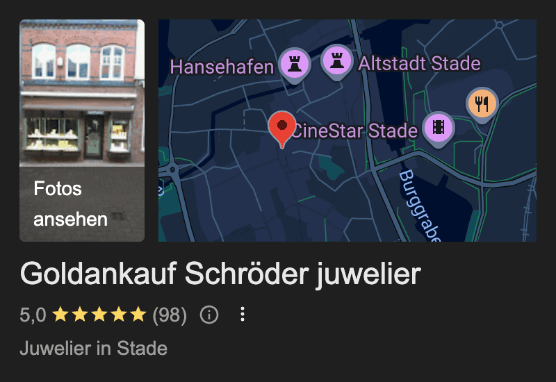 Google Business Profil: Goldankauf Schröder, 5,0 Sterne, 98 Bewertungen, Juwelier in Stade